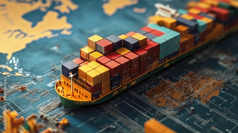 Obraz premium 3D rendered import export logistics, world map, visualizing global cargo transport -