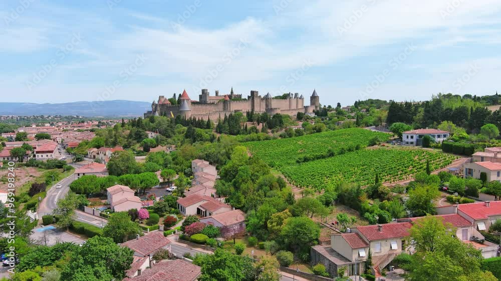 Carcassonne, France: Aerial view of famous French historic city, fortified old town center Cité de Carcassonne, summer day with blue sky - landscape panorama of Europe from above
Carcassonne, France: Aerial view of famous French historic city, fortified old town center Cité de Carcassonne, summer day with blue sky - landscape panorama of Europe from above