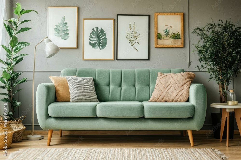 Cozy living room with green sofa and botanical art. Cozy living room with green sofa and botanical art.