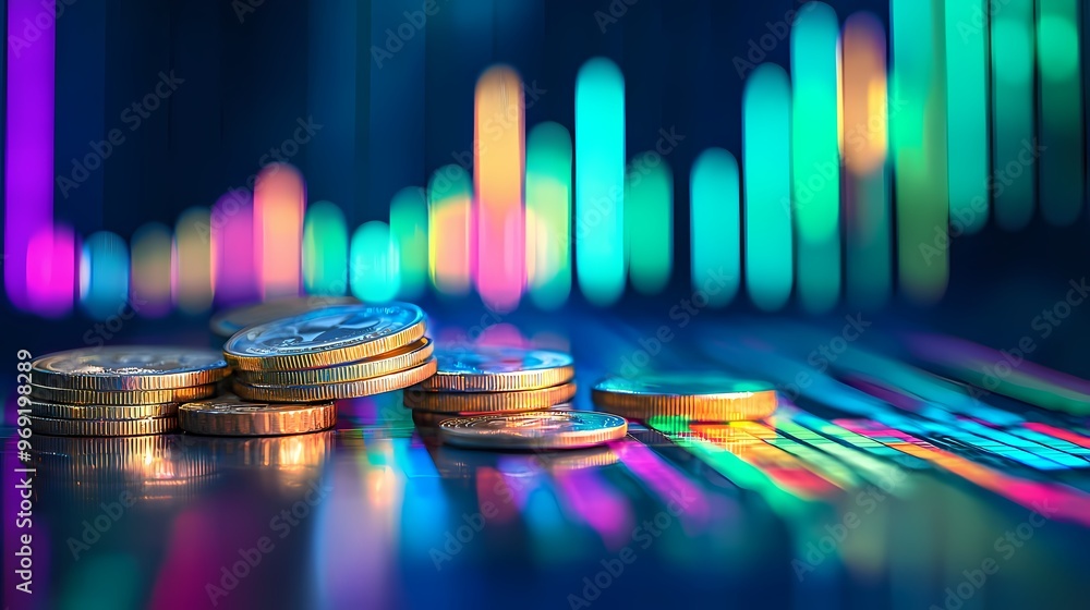 Close-up of coins reflecting colorful financial data charts and graphs. Close-up of coins reflecting colorful financial data charts and graphs.