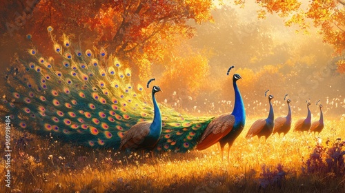 A group of peacocks roaming freely in a large, open field, their colorful feathers glistening under the sun.