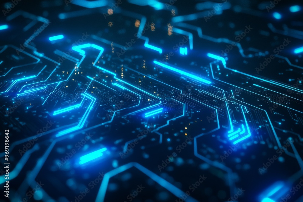 Obraz premium Abstract blue neon lines in a digital circuitry pattern, blue neon lines on a dark background 