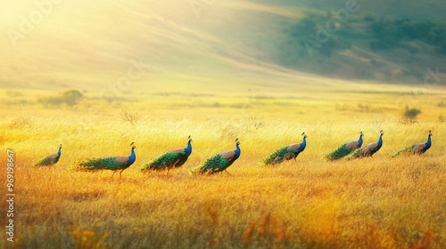 A group of peacocks roaming freely in a large, open field, their colorful feathers glistening under the sun.