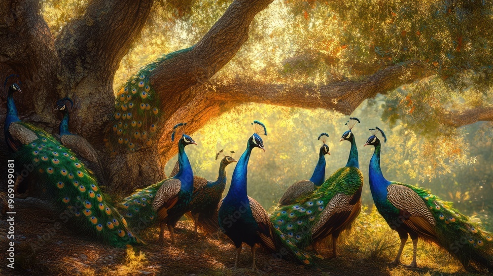 A group of peacocks under a large tree, their colorful feathers illuminated by soft dappled sunlight. A group of peacocks under a large tree, their colorful feathers illuminated by soft dappled sunlight.