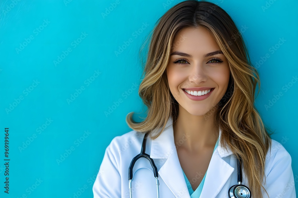 A cheerful female doctor in a white coat and stethoscope stands confidently against a blue background, representing healthcare, medical expertise, and compassionate care. A cheerful female doctor in a white coat and stethoscope stands confidently against a blue background, representing healthcare, medical expertise, and compassionate care.