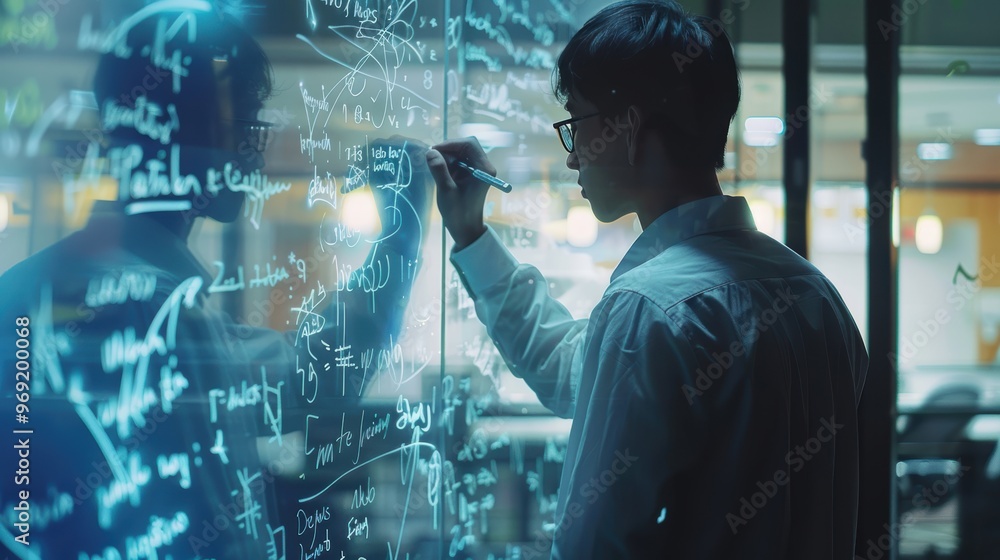Scientist writing equations on glass board in modern laboratory setting Scientist writing equations on glass board in modern laboratory setting