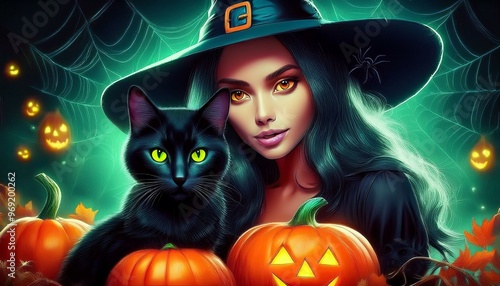 witch, black cat , pumpkin and spiderweb on dark backdrop; happy halloween holiday concept