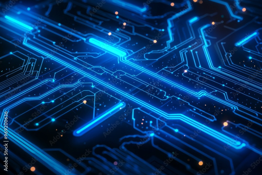 Abstract blue neon lines in a digital circuitry pattern, blue neon lines on a dark background Abstract blue neon lines in a digital circuitry pattern, blue neon lines on a dark background