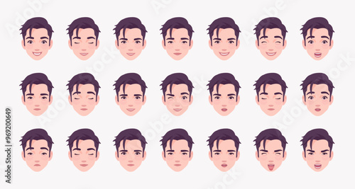 Handsome Asian guy, young businessman emotion set, consultant manager, confident employer, millennial entrepreneur bundle portrait. Face icons, facial expression feature pic. Vector illustration