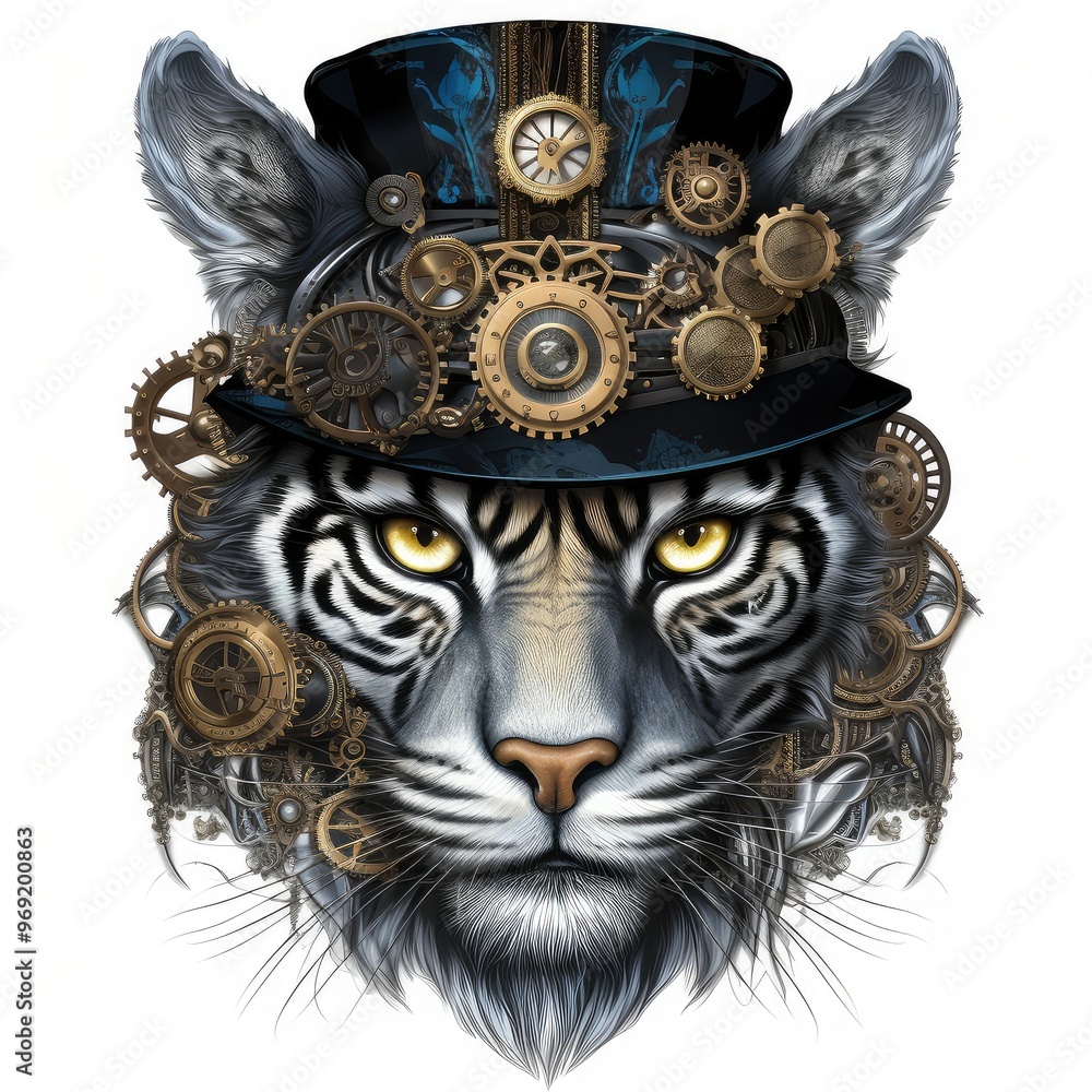 Fototapeta premium Majestic tiger in a steampunk theme with mechanical gears and wheels.