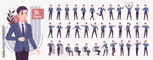 Handsome Asian guy, young businessman character set, office life bundle. Confident active project leader co-working space poses, ceo conversation, employee engaged situations. Vector illustration