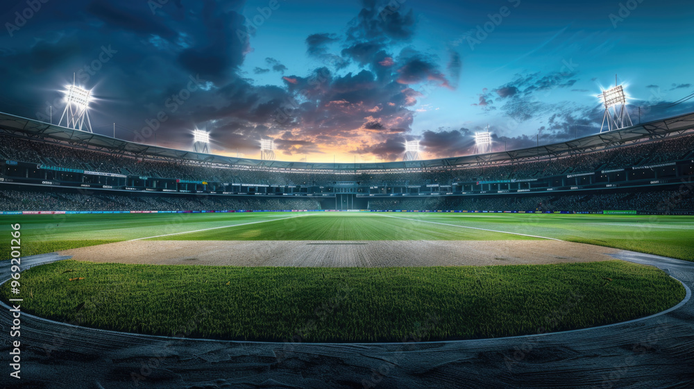 Stadium or arena at night and cricket field with lights cloudy sky Stadium or arena at night and cricket field with lights cloudy sky