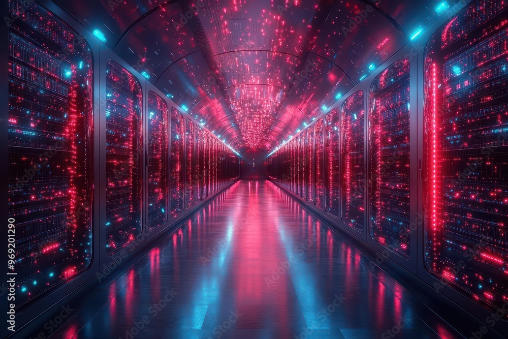 futuristic cloud data center holographic projections of server racks streaming data visualizations glowing fiber optic connections sleek metallic surfaces futuristic cloud data center holographic projections of server racks streaming data visualizations glowing fiber optic connections sleek metallic surfaces