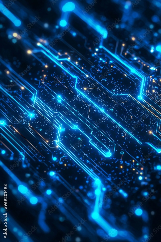 Abstract blue neon lines in a digital circuitry pattern, blue neon lines on a dark background Abstract blue neon lines in a digital circuitry pattern, blue neon lines on a dark background