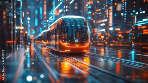 Futuristic AI-Driven Autonomous Public Transport for Futuristic Cities: A network of AI-driven buses and trains transporting people through futuristic urban landscapes. #969201433