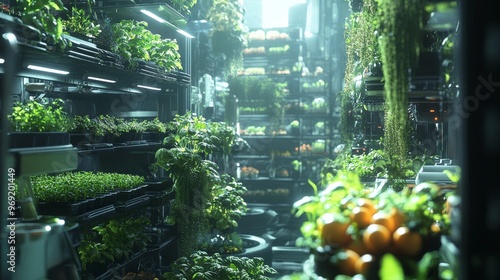 Futuristic urban farming with hydroponics and AI: Vertical farms within cities, controlled and optimized by AI for food production. #969201449