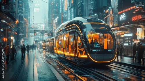 Futuristic AI-Driven Autonomous Public Transport for Futuristic Cities: A network of AI-driven buses and trains transporting people through futuristic urban landscapes. #969201670