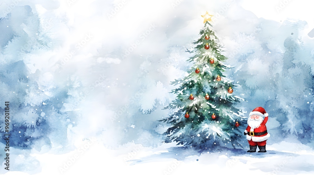 Christmas tree with Santa Claus and snowflakes in the background, watercolor illustration on a white background Christmas tree with Santa Claus and snowflakes in the background, watercolor illustration on a white background