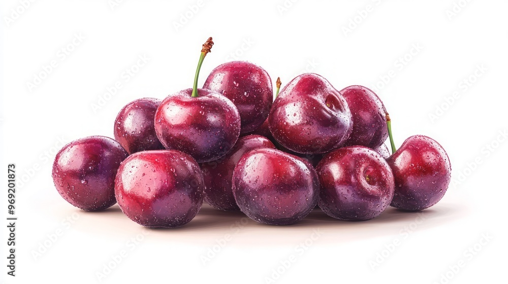 Fresh and Juicy Cherries on White Background with Water Droplets Fresh and Juicy Cherries on White Background with Water Droplets