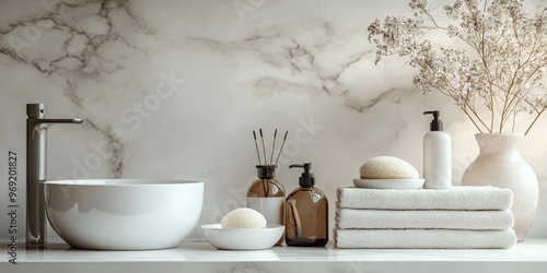 Elegant Bathroom Decor with Marble, Towels, and Vanity Items