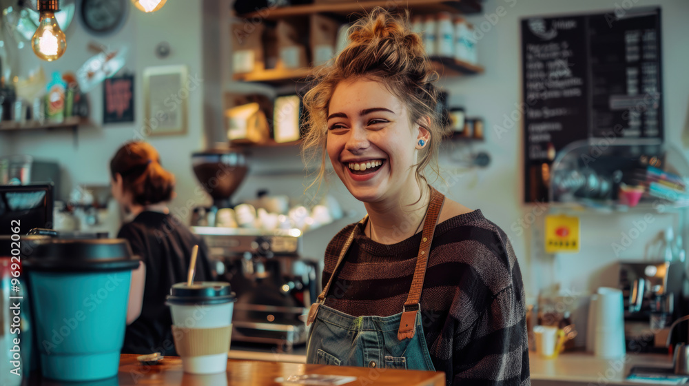 Friendly barista smiling at coffee shop counter with takeaway cups and menu in background Friendly barista smiling at coffee shop counter with takeaway cups and menu in background