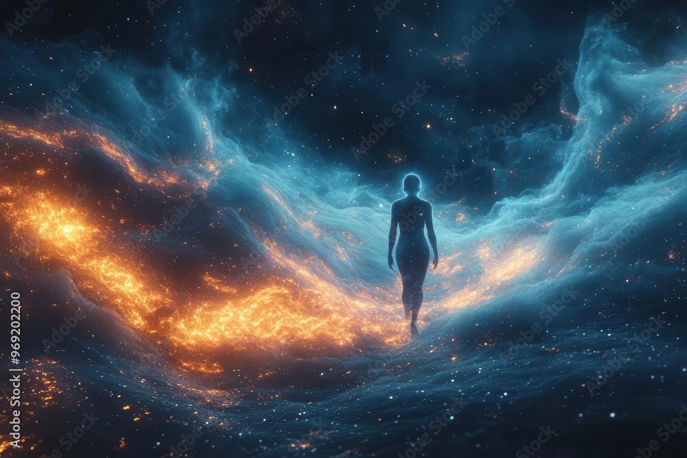 futuristic data visualization tiny human figure amidst flowing information streams ai concept cool blue tones futuristic data visualization tiny human figure amidst flowing information streams ai concept cool blue tones