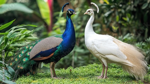 Wallpaper Mural A peacock and a white peafowl standing side by side in a garden, showcasing their contrasting but equally beautiful plumage. Torontodigital.ca