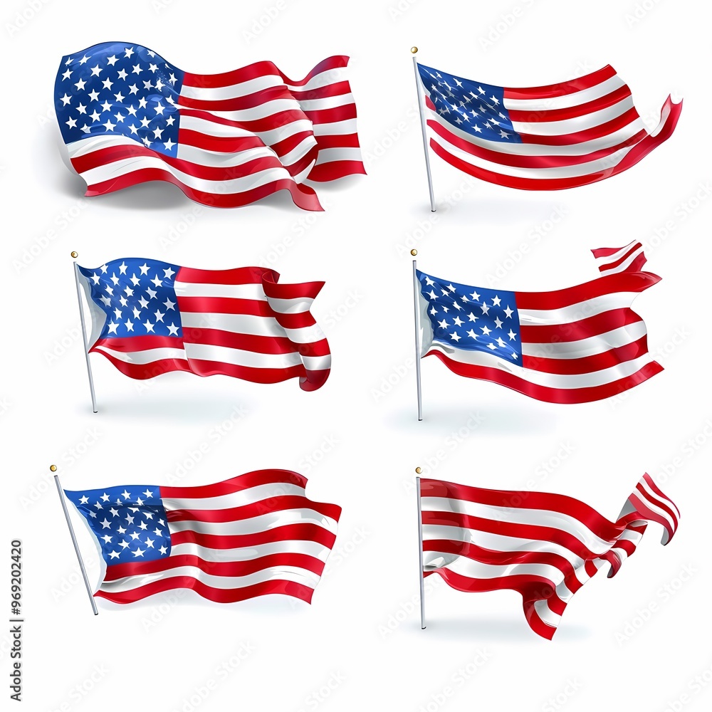Various American flags waving in the wind, showcasing vibrant colors and motion. Various American flags waving in the wind, showcasing vibrant colors and motion.