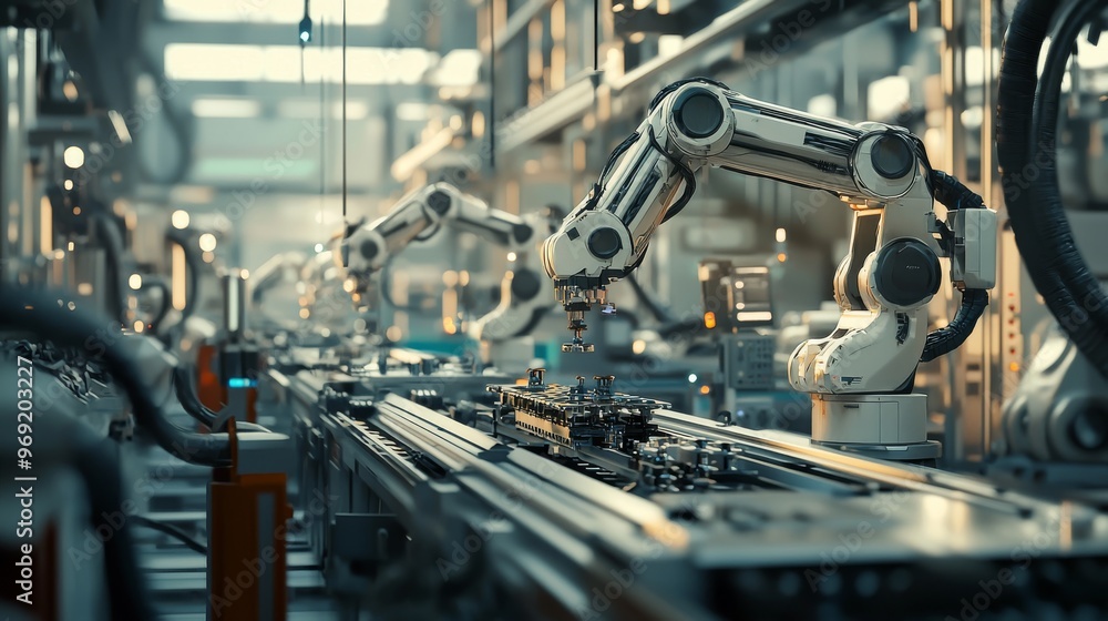 A photorealistic industrial scene featuring smart machines assembling components on an automated production line A photorealistic industrial scene featuring smart machines assembling components on an automated production line