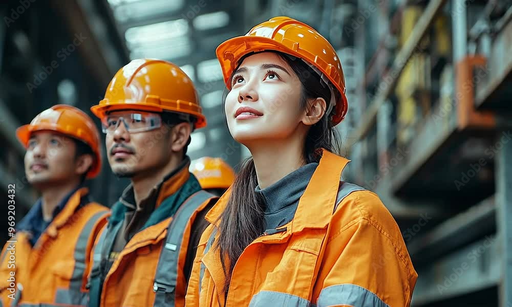 Industrial Workers Looking Up with Determination Industrial Workers Looking Up with Determination
