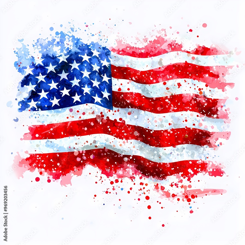 Watercolor illustration of the American flag with a vibrant splash effect. Watercolor illustration of the American flag with a vibrant splash effect.