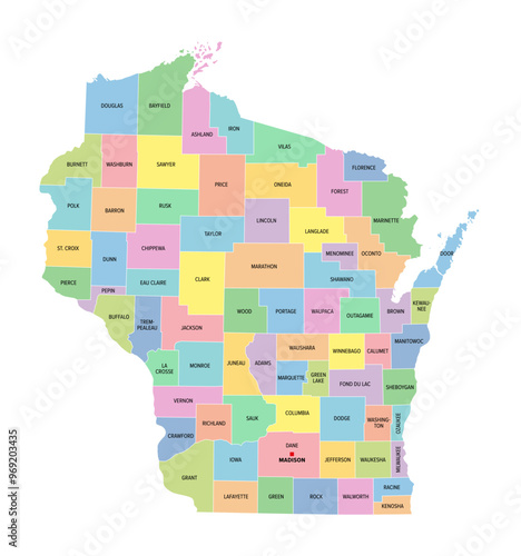 Wisconsin, U.S. state, subdivided into 72 counties, multi colored political map with capital Madison, borders and county names. State in the Great Lakes region of the Upper Midwest of United States.
