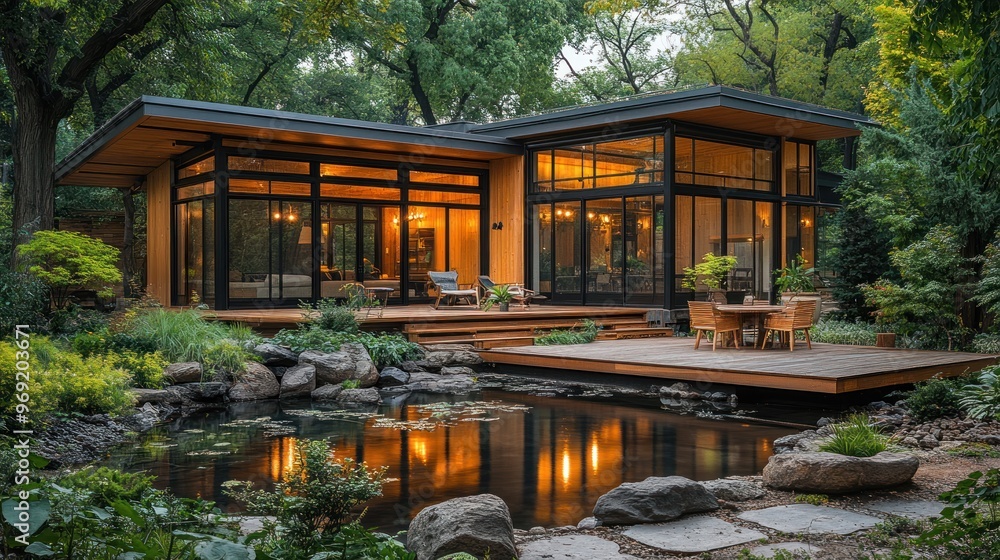 Modern house with large windows by a serene pond and garden. Modern house with large windows by a serene pond and garden.