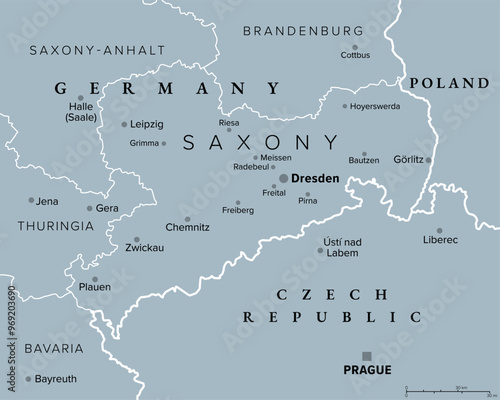 Saxony, a state in Germany, gray political map with capital Dresden, borders, and largest cities. Officially the Free State of Saxony, bordering the countries of Poland and Czech Republic. Vector.