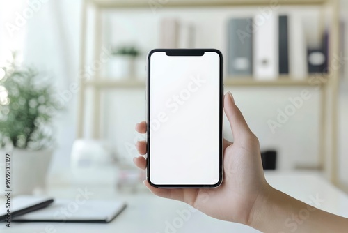 cell phone blank white screen mockup.hand holding texting using mobile on desk at office.background empty space for advertise.work people contact marketing business,technology with generative ai