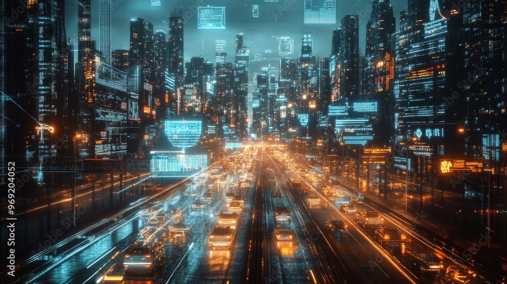 Futuristic AI-driven city monitoring systems for real-time updates: An AI-controlled city center with real-time traffic, energy, and environmental data displayed on large screens. Futuristic AI-driven city monitoring systems for real-time updates: An AI-controlled city center with real-time traffic, energy, and environmental data displayed on large screens.