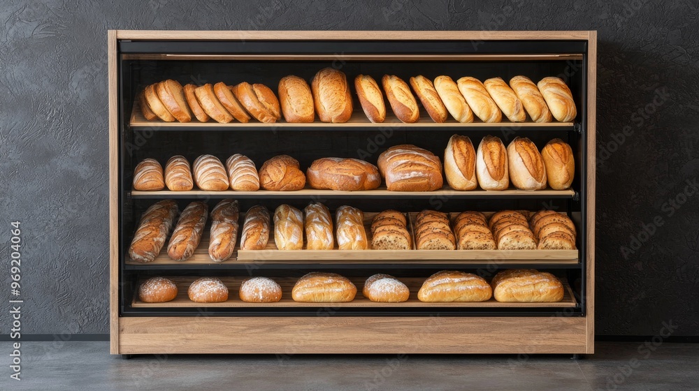 Welcoming 3D Bakery Display Case with Freshly Baked Bread and Pastries, Warm Bakery Atmosphere Concept, Copy Space for Text Welcoming 3D Bakery Display Case with Freshly Baked Bread and Pastries, Warm Bakery Atmosphere Concept, Copy Space for Text