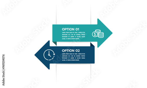 2 choices between money and time in running a business. Infographic arrow design template. Business presentation, Planning, Strategy, Work, Life, Balance and Comparison. Vector illustration.