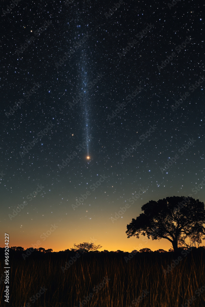 Night Sky, A clear night sky filled with a bright star alongside numerous scattered stars, creating a beautiful celestial display Night Sky, A clear night sky filled with a bright star alongside numerous scattered stars, creating a beautiful celestial display
