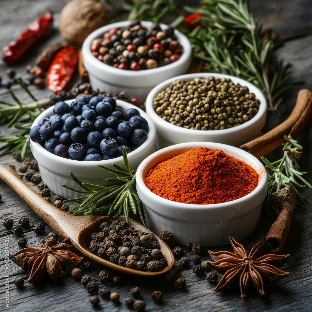 Assorted spices and herbs in bowls on a wooden surface. Assorted spices and herbs in bowls on a wooden surface.
