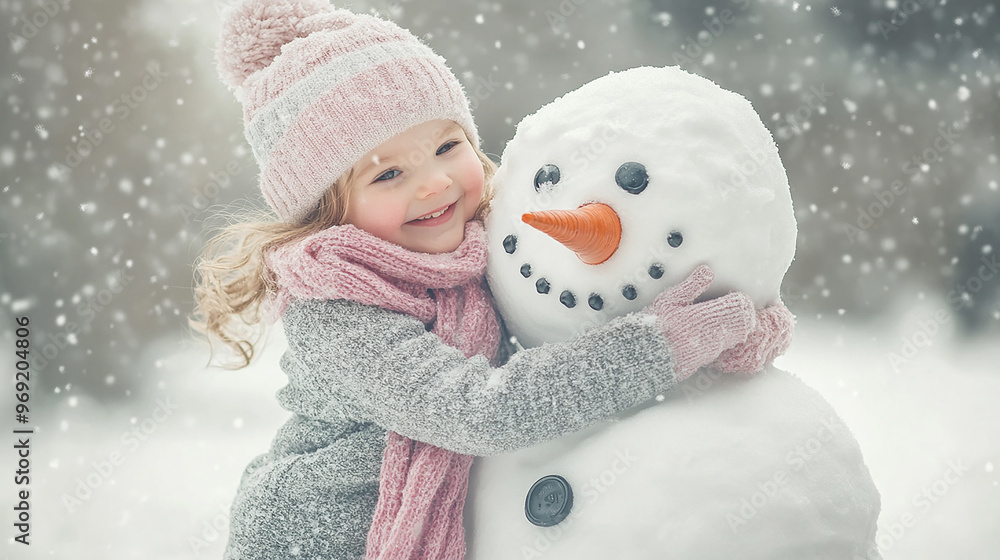 A little girl wearing a pink scarf and hat is playing with a snowman in a white world. She hugs the big snowman head A little girl wearing a pink scarf and hat is playing with a snowman in a white world. She hugs the big snowman head