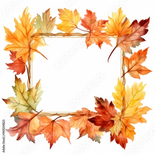 Autumn leaves frame on white background. Elegant watercolor design for invitation and greeting card with space for text. Copy space