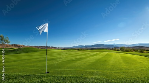 Scenic golf course with flagstick and clear blue sky in mountainous landscape
