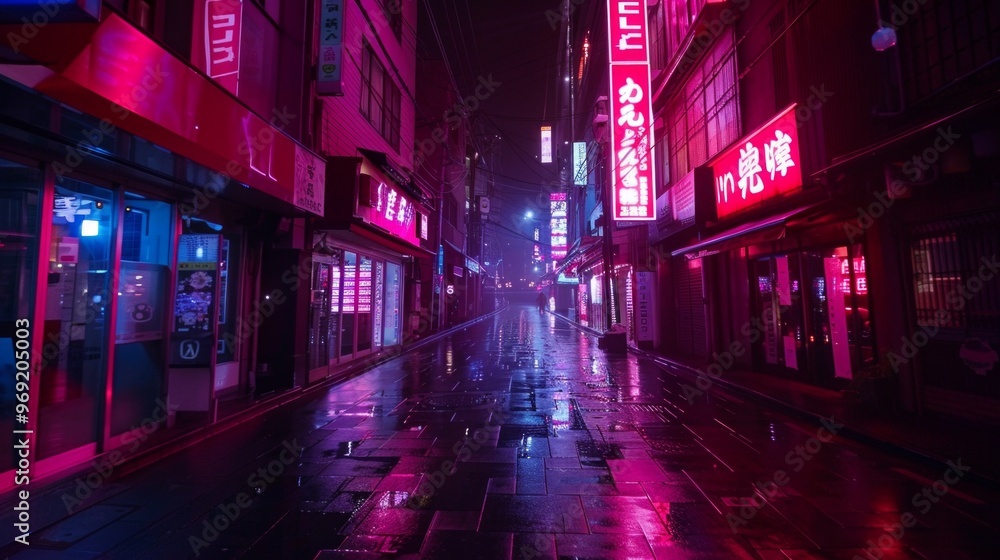 Fototapeta premium A cyberpunk city street at night, glowing with neon lights after rain. Buildings, Japanese characters in neon, and a solitary figure in a red helmet create a mysterious, futuristic ambiance.