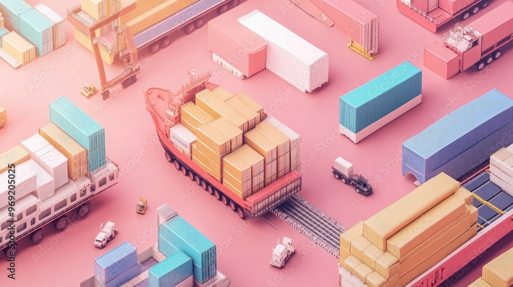 3D rendered import-export logistics in pastel tones, flat design, visualizing global cargo transport 3D rendered import-export logistics in pastel tones, flat design, visualizing global cargo transport