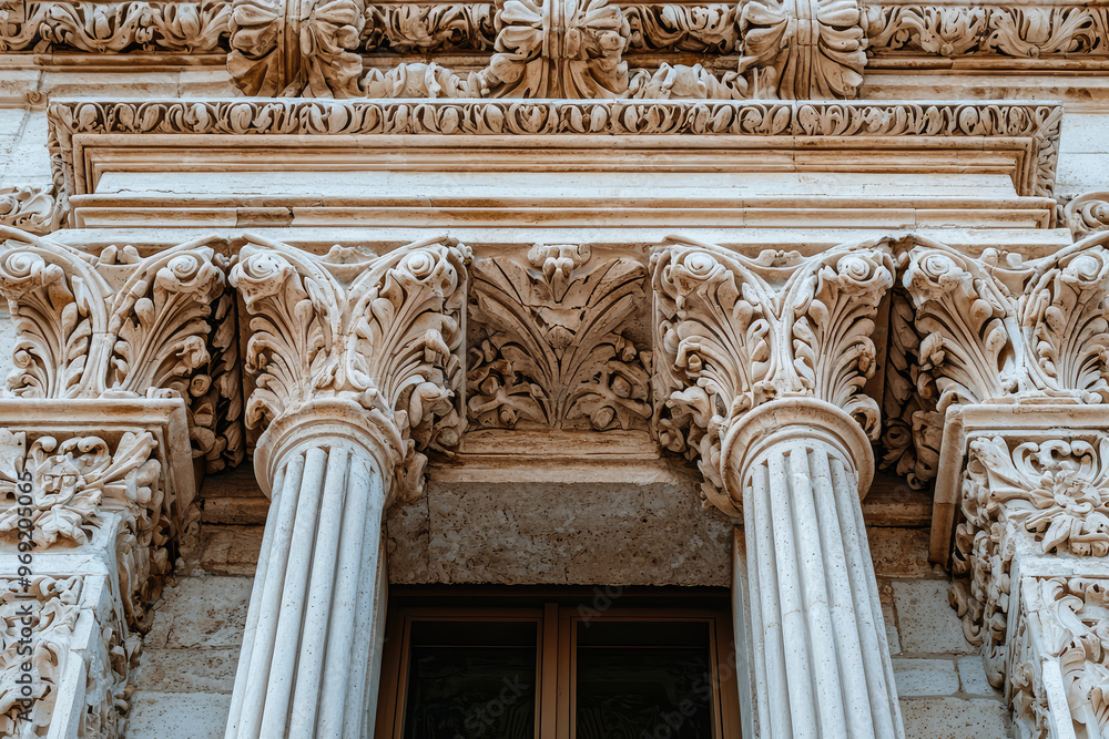 Fototapeta premium Intricate architectural details of historic building facade with columns