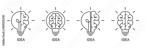 Light bulb with brain icon set. Energy lamp and human brain design illustration. Brainstorm, idea generation concept.