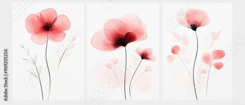 Wallpaper Mural Abstract Floral Art Featuring Pink and Red Flowers on a White Background. Minimalist Vector Illustration with Simple Lines and Shapes, Presented as a Triptych. Torontodigital.ca