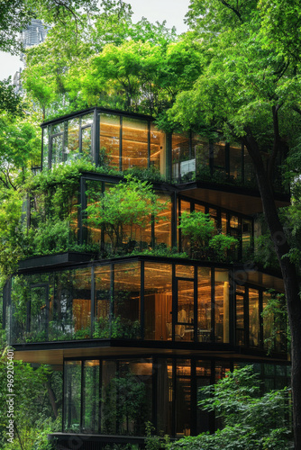 Eco-Friendly Glass Building, A sustainable glass building surrounded by trees to promote carbon reduction and create a green environment in urban settings