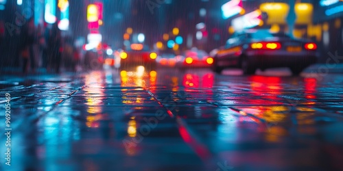 Neon City Streets in the Rain with Reflections of Colorful Lights and Cars